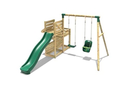 REBO Outdoor Spielturm mit Schaukel, Babyschaukel, Rutsche aus Holz, Kinder Klettergerüst für den Garten inkl. Kletterwand, Kinderspielplatz 342 x 311 x 214 cm - 1